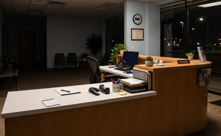 A clinic front desk after hours, with the lights low and nobody at the phone
