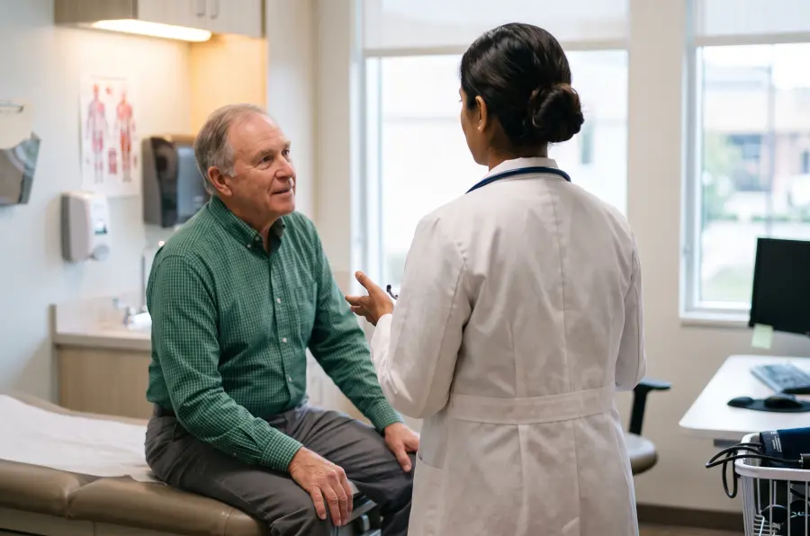 A doctor talking with a patient in an exam room