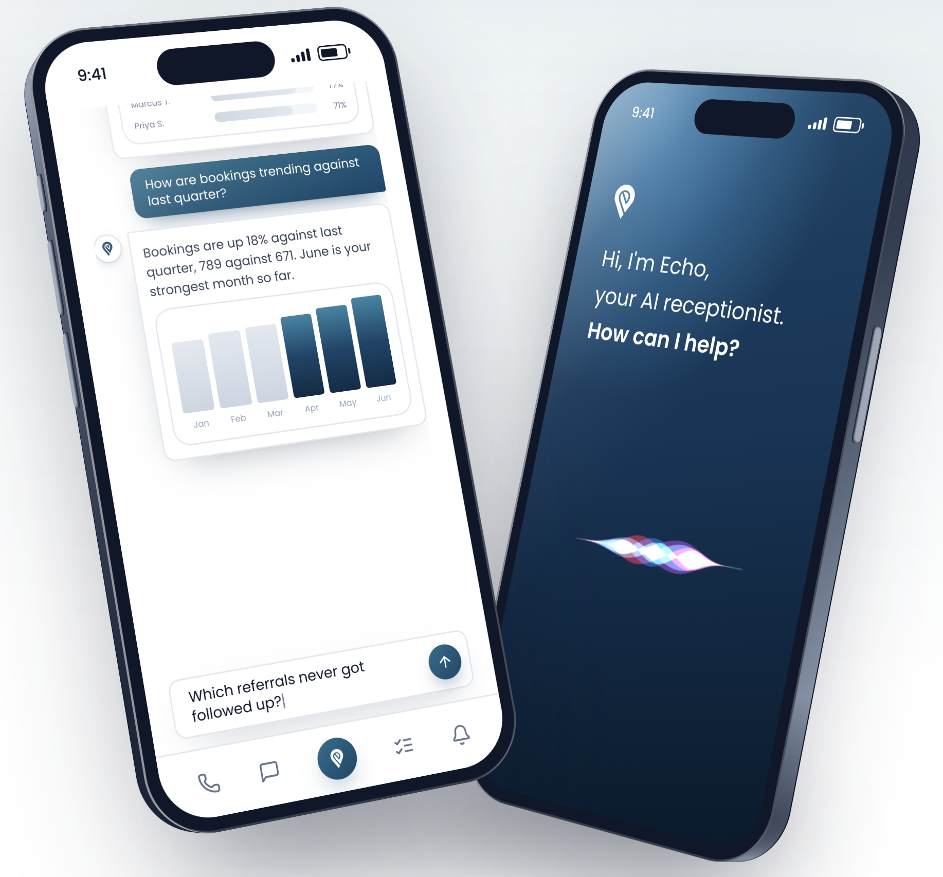 Two phones running Echo: one taking a patient's call, the other booking the appointment in the Echo app.